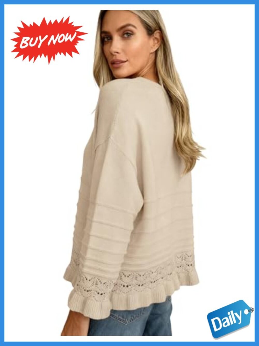 Womens Pullover Sweater Crew Neck Ruffled Hem Knit Long Sleeve Casual Top - Picture 3 of 6